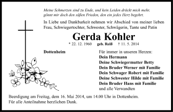 Traueranzeige von Gerda Kohler von Neustadt/ Scheinfeld/ Uffenheim