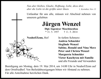 Traueranzeige von Jürgen Wenzel von Neustadt/ Scheinfeld/ Uffenheim