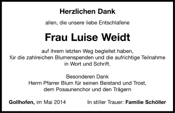 Traueranzeige von Luise Weidt von Neustadt/ Scheinfeld/ Uffenheim