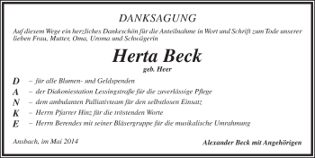 Traueranzeige von Herta Beck von Ansbach