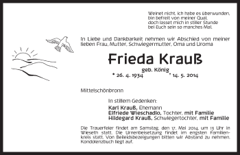 Traueranzeige von Frieda Krauß von Dinkelsbühl/ Feuchtwangen