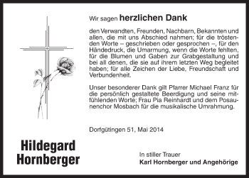 Traueranzeige von Hildegard Hornberger von Dinkelsbühl/ Feuchtwangen