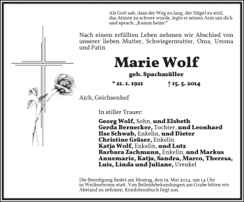 Traueranzeige von Marie Wolf von Ansbach
