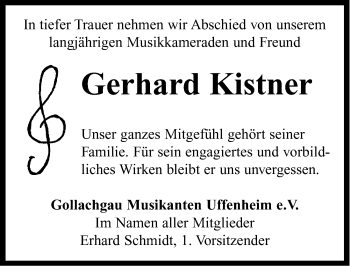 Traueranzeige von Gerhard Kistner von Neustadt/ Scheinfeld/ Uffenheim