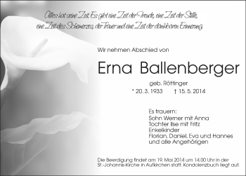Traueranzeige von Erna Ballenberger von Dinkelsbühl/ Feuchtwangen