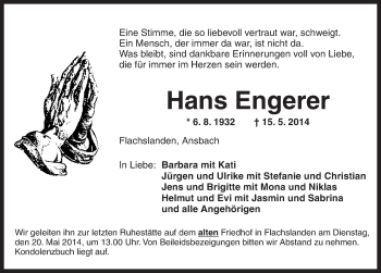 Traueranzeige von Hans Engerer von Ansbach
