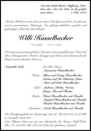 Traueranzeige von Willi Hasselbacher von Neustadt/ Scheinfeld/ Uffenheim