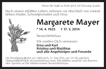 Traueranzeige von Margarete Mayer von Ansbach