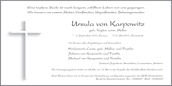 Traueranzeige von Ursula von Karpowitz von Dinkelsbühl/ Feuchtwangen