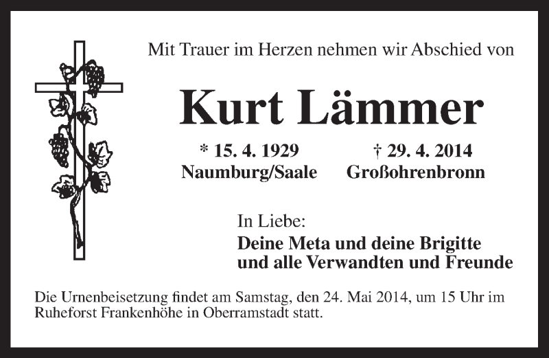  Traueranzeige für Kurt Lämmer vom 21.05.2014 aus Dinkelsbühl/ Feuchtwangen