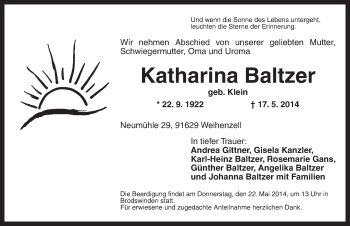 Traueranzeige von Katharina Baltzer von Ansbach