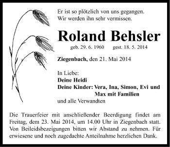 Traueranzeige von Roland Behsler von Neustadt/ Scheinfeld/ Uffenheim