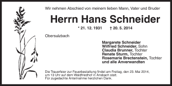 Traueranzeige von Hans Schneider von Ansbach