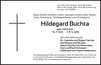 Traueranzeige von Hildegard Buchta von Ansbach