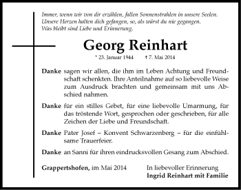 Traueranzeige von Georg Reinhart von Neustadt/ Scheinfeld/ Uffenheim