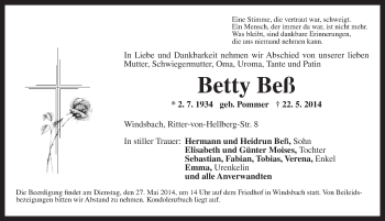 Traueranzeige von Betty Beß von Ansbach