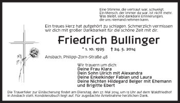 Traueranzeige von Friedrich Bullinger von Ansbach