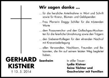 Traueranzeige von Gerhard Kistner von Neustadt/ Scheinfeld/ Uffenheim