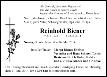 Traueranzeige von Reinhold Biener von Neustadt/ Scheinfeld/ Uffenheim