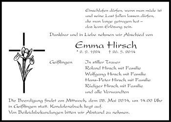 Traueranzeige von Emma Hirsch von Neustadt/ Scheinfeld/ Uffenheim