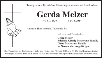 Traueranzeige von Gerda Melzer von Ansbach