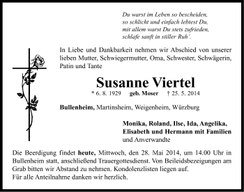 Traueranzeige von Susanne Viertel von Neustadt/ Scheinfeld/ Uffenheim
