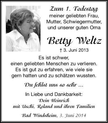 Traueranzeige von Batty Weltz von Neustadt/ Scheinfeld/ Uffenheim