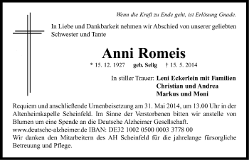 Traueranzeige von Anni Romeis von Neustadt/ Scheinfeld/ Uffenheim