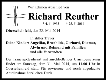 Traueranzeige von Richard Reuther von Neustadt/ Scheinfeld/ Uffenheim
