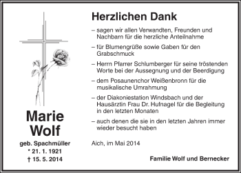 Traueranzeige von Marie Wolf von Ansbach