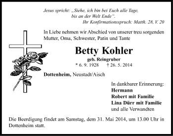 Traueranzeige von Betty Kohler von Neustadt/ Scheinfeld/ Uffenheim