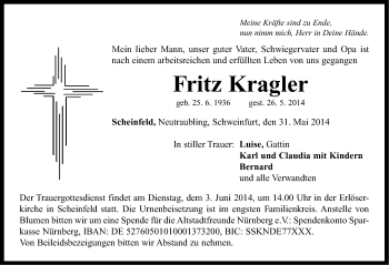 Traueranzeige von Fritz Kragler von Neustadt/ Scheinfeld/ Uffenheim
