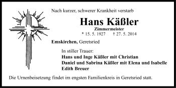 Traueranzeige von Hans Käßler von Neustadt/ Scheinfeld/ Uffenheim