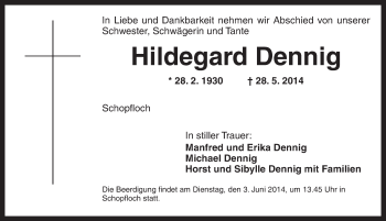 Traueranzeige von Hildegard Dennig von Dinkelsbühl/ Feuchtwangen