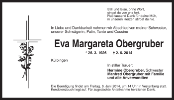 Traueranzeige von Eva Margareta Obergruber von Ansbach