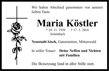 Traueranzeige von Maria Köstler von Neustadt/ Scheinfeld/ Uffenheim