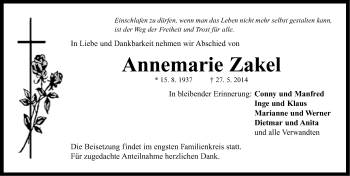 Traueranzeige von Annemarie Zakel von Neustadt/ Scheinfeld/ Uffenheim