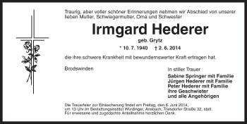 Traueranzeige von Irmgard Hederer von Ansbach