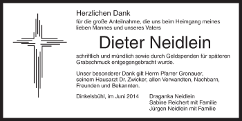 Traueranzeige von Dieter Neidlein von Dinkelsbühl/ Feuchtwangen