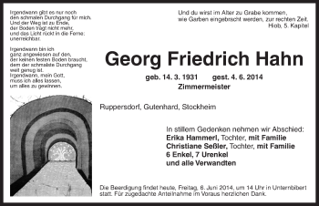 Traueranzeige von Georg Friedrich Hahn von Ansbach