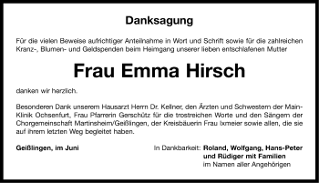 Traueranzeige von Emma Hirsch von Neustadt/ Scheinfeld/ Uffenheim