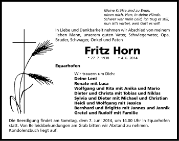 Traueranzeige von Fritz Horn von Neustadt/ Scheinfeld/ Uffenheim