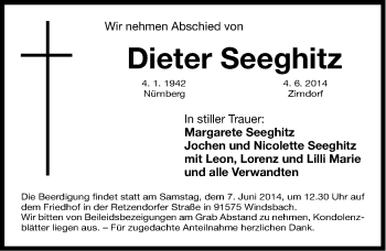 Traueranzeige von Dieter Seeghitz von Ansbach