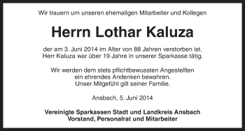 Traueranzeige von Lothar Kaluza von Ansbach