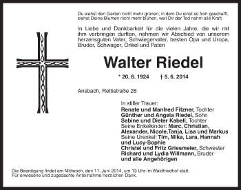 Traueranzeige von Walter Riedel von Ansbach