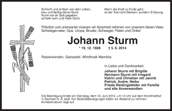 Traueranzeige von Johann Sturm von Ansbach