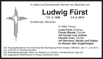 Traueranzeige von Ludwig Fürst von Dinkelsbühl/ Feuchtwangen