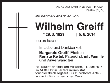 Traueranzeige von Wilhelm Greiff von Ansbach