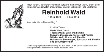 Traueranzeige von Reinhold Wald von Ansbach