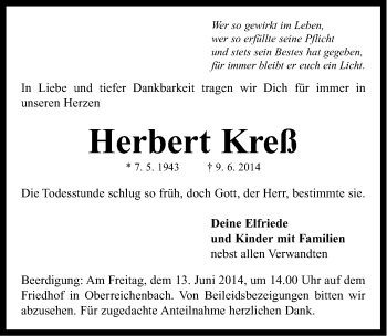 Traueranzeige von Herbert Kreß von Neustadt/ Scheinfeld/ Uffenheim